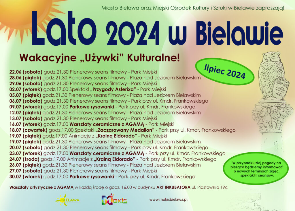 Plakat z rozpiską atrakcji w miesiącu lipcu 2024