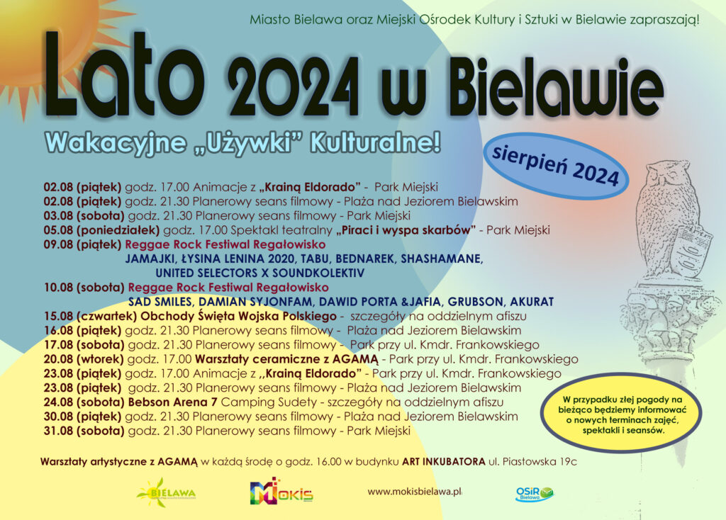 Plakat z rozpiską atrakcji w miesiącu sierpniu 2024