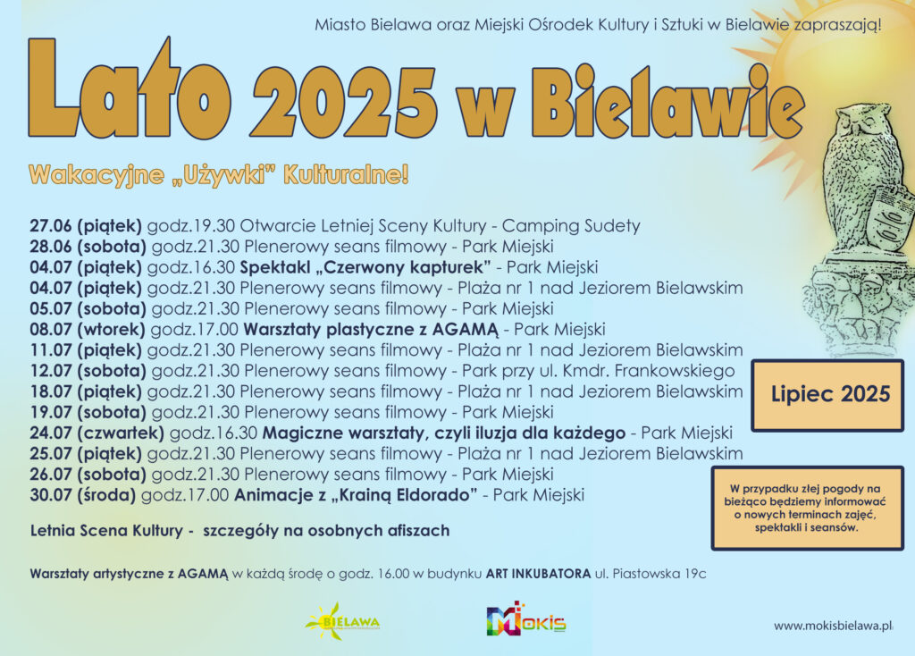 Plakat z rozpiską atrakcji w miesiącu lipcu 2025